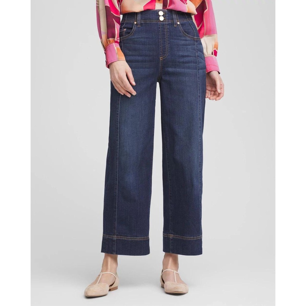 Chicos Pull On Wide Leg Crop Jeans Size 1 US 8 High Rise Dark Wash Blue Denim